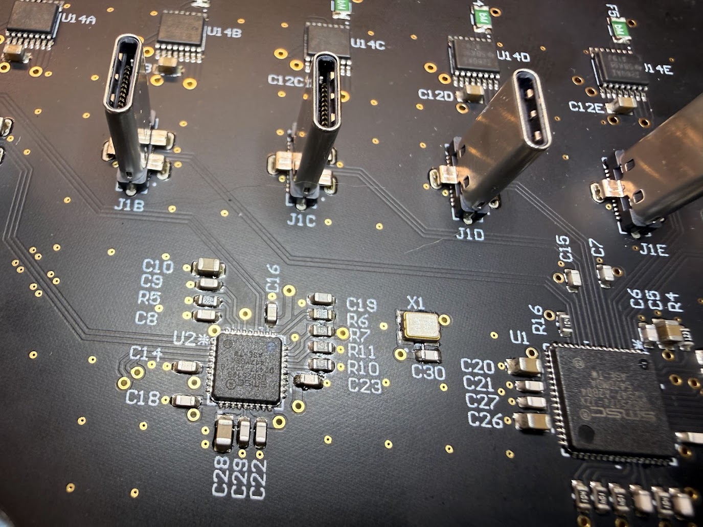 Macro detail of the USB-C Power Delivery hub board and its connectors